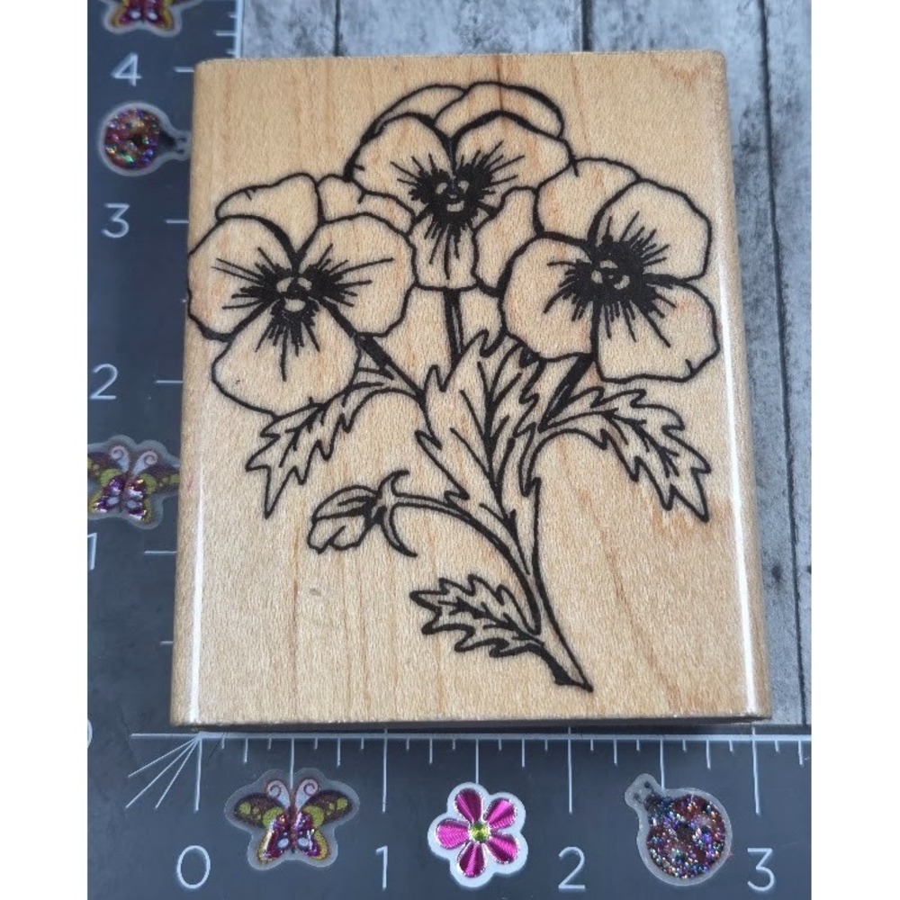 ASX Pansy Flowers Leaves Bouquet 37543 Rubber Stamp Wood #M86